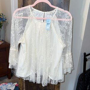 LOFT Ivory Lace Overlay Peasant Blouse